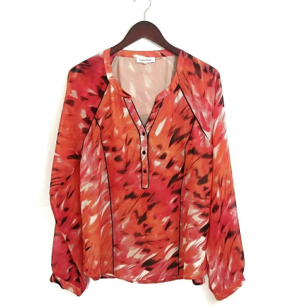 Calvin Klein Geometric Blouse Large Orange & Black Womens
